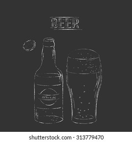 Vector illustration. Chalk sketch on black background. Open beer bottle and a glass full of beer with foam. Chalkboard menu sign.
