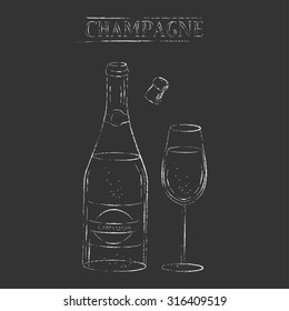 Vector illustration. Chalk sketch on black background. Open champagne bottle, cork and wine flute glass. Chalkboard menu sign.