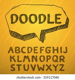 Vector illustration of chalk sketched doodle font characters on a blackboard background