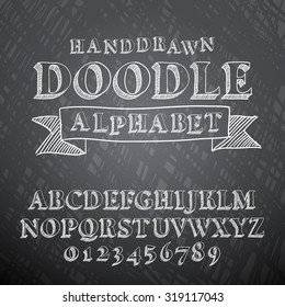 Vector illustration of chalk sketched doodle font characters on a blackboard background