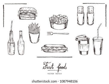 Vector illustration. Chalk style vector sketch. Fast food set : burger, fries, hot dog, salad, patties, bottles of soda and cup of coffee.
