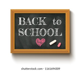 Vector illustration of a chalkboard and chalks with text back to school. Back to school on the chalkboard.
