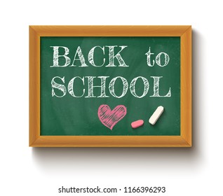 Vector illustration of a chalkboard and chalks with text back to school. Back to school on the chalkboard.