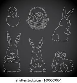 Vector Illustration of Chalkboard Vector Drawings of Easter Bunnies Eggs Basket and Chick on a Blackboard