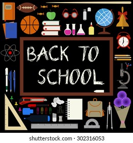 Vector illustration of a chalkboard with hand drawn letters and flat icons of school supplies around it.