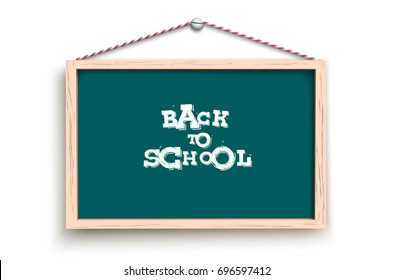 Vector illustration of chalkboard hanging on screw with back to school words.