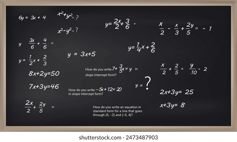 Vector illustration of chalkboard and math formulas on chalkboard. Numbers. Calculation.