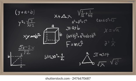 Vector illustration of chalkboard and math formulas on chalkboard. Numbers. Calculation. Teaching math on chalkboard. Chalkboard.