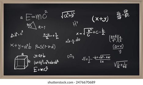 Ilustración vectorial de pizarra y fórmulas matemáticas en pizarra. Números. Cálculo. Enseñando matemáticas en pizarra. Pizarra.