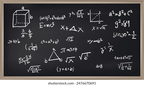 Vector illustration of chalkboard and math formulas on chalkboard. Numbers. Calculation. Teaching math on chalkboard. Chalkboard.