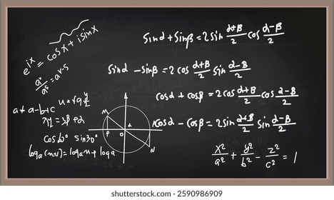 Vector illustration of chalkboard and math formulas on chalkboard. Numbers. Calculation. Teaching math on chalkboard. Chalkboard.