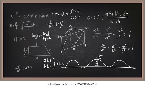 Vector illustration of chalkboard and math formulas on chalkboard. Numbers. Calculation. Teaching math on chalkboard. Chalkboard.