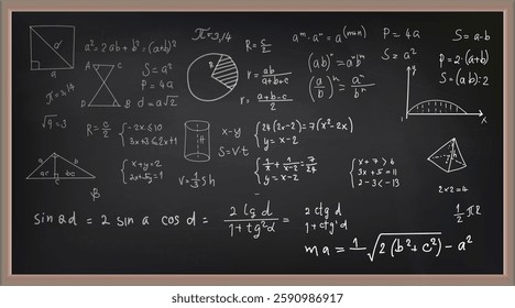 Vector illustration of chalkboard and math formulas on chalkboard. Numbers. Calculation. Teaching math on chalkboard. Chalkboard.