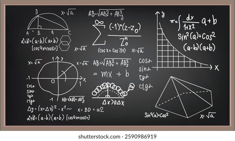 Vector illustration of chalkboard and math formulas on chalkboard. Numbers. Calculation. Teaching math on chalkboard. Chalkboard.