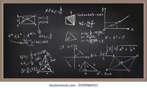 Vector illustration of chalkboard and math formulas on chalkboard. Numbers. Calculation. Teaching math on chalkboard. Chalkboard.