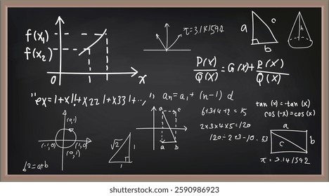 Vector illustration of chalkboard and math formulas on chalkboard. Numbers. Calculation. Teaching math on chalkboard. Chalkboard.