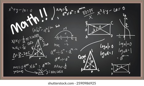 Vector illustration of chalkboard and math formulas on chalkboard. Numbers. Calculation. Teaching math on chalkboard. Chalkboard.