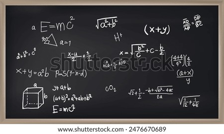 Vector illustration of chalkboard and math formulas on chalkboard. Numbers. Calculation. Teaching math on chalkboard. Chalkboard.