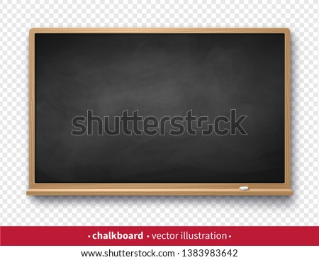 Vector illustration of chalkboard with wooden frame with piece of chalk and shadow isolated on transparency background.