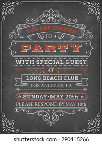 A Vector Illustration Of A Chalkboard-style Party Invitation. The Grunge-style Vintage Template Has A Black Background And White Scroll Elements At Each Corner