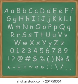 Vector illustration of chalked alphabet on a chalkboard background