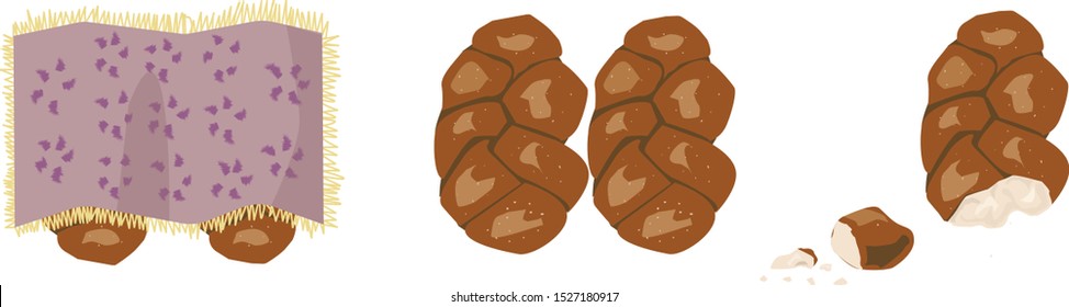 Vector illustration of Challah, Challah for Shabbat. Covered with a napkin, challah covers, and without, and cut. Authentic Jewish food.