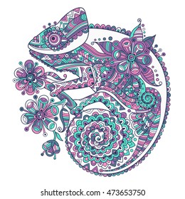 Vector illustration with a chameleon and beautiful patterns.