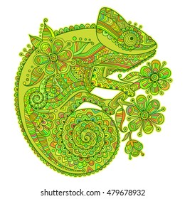 Vector illustration with a chameleon and beautiful patterns in shades of green.
