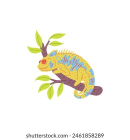 Vector illustration of a chameleon with bright yellow and blue color sitting on a tree branch. The cartoon reptile is perfect for images of pets or jungle themes.