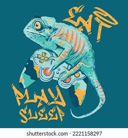 Vector illustration chameleon lizard playing video game   typography 