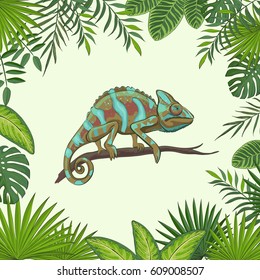 Vector illustration of a chameleon on a branch. Frame of tropical leaves. 