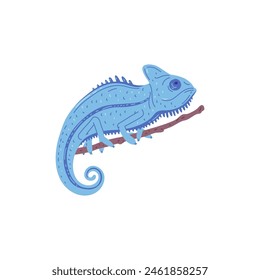 Vector illustration of a chameleon playfully sitting on a tree branch and showing off its camouflage surrounded by forests. Perfect for decorating wildlife