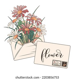 Ilustración vectorial de las flores chamomiles en un sobre. Bouquet de flores. Flores de margarita. Perfecto para la decoración de la floristería, la decoración de los sobres.