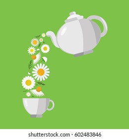 vector illustration of chamomile flowers flowing from teapot for herbal tea concepts