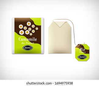  Ilustración vectorial. Bolsa de té Chamomile con etiqueta. Firma Chamomile Bio Product. Lugar de la marca.  Muérete por diferentes diseños.