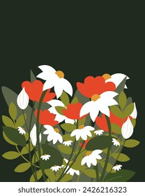 Vector illustration. Chamomiles and poppies. Poster design, postcard, vertical banner. Minimalism. Botany.