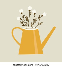 Ilustración vectorial de los chamóiles en la lata de riego, sobre fondo beige. Ilustración dibujada a mano en estilo plano. Concepto de jardinería, verano, plantas y flores.