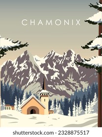 Vector illustration Chamonix Mont Blanc France. Background for poster, banner, advertisement. Travel poster, postcard.