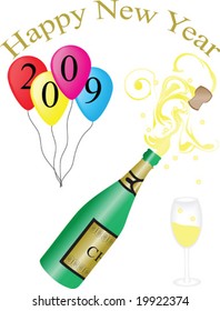 vector illustration of champagne bottle, balloons, glass for 2009  happy new year