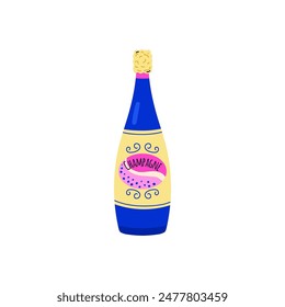 Vector illustration of a champagne bottle with a cork and a beautiful label on a white background. Elegant alcoholic beverage icons for tasting in restaurants