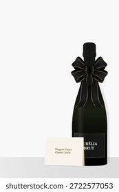 Vektorgrafik einer Champagnerflasche mit schwarzem Bogen und einer Karte mit dem Text "Elegant Taste Classic Style".