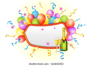 vector illustration of champagne bottle and glass with balloon