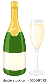 Vector illustration of a champagne bottle and glass.