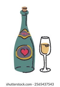 A vector illustration of a champagne bottle with a heart detail and a festive glass in a modern style, isolated on a white background. Perfect for celebrations and parties.