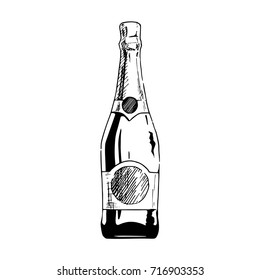 Vector illustration of champagne bottle in ink hand drawn style. isolated on white.