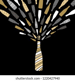 Vector illustration of champagne bottle with splash. Greeting card, postcard art design.