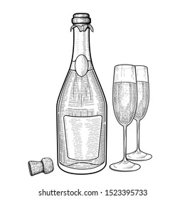 Vector illustration of champagne bottle and two glasses with champagne. Black and white sketch in vintage style.