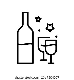 Vector illustration of champagne bottle, two glasses and stars. Minimal icon in line style for Christmas and new year celebration. Simple design for a party, anniversary, jubilee or birthday.