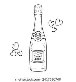 Vector illustration of champagne bottle for valentine's day. Sketch of festive bottle and hearts. Colouring book page