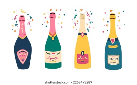 Vector illustration. Champagne bottles of different form and color. Rose and white sparkling wine with colorful designs with stars and confetti around top for celebration. Isolated